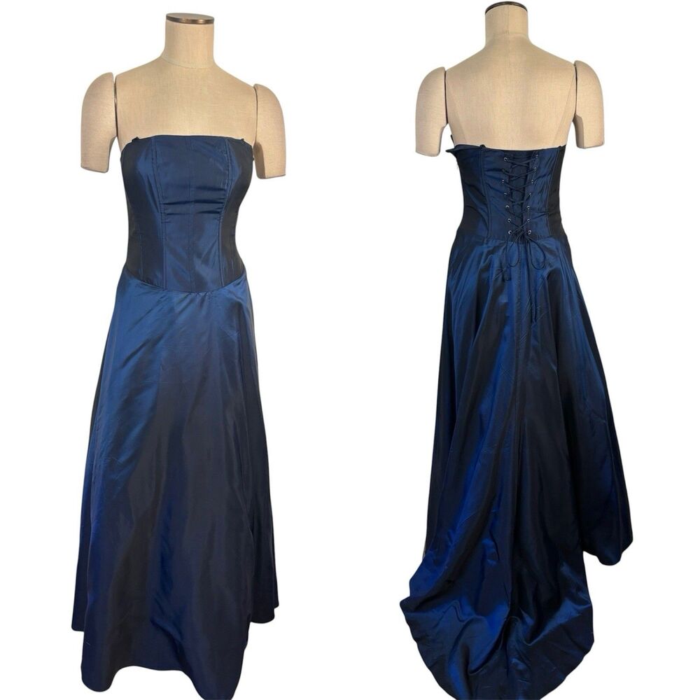 VTG Jump Apparel Blue Corset Gown Prom Dress 90s Y2K Lace-Up Back Train Size 5/6